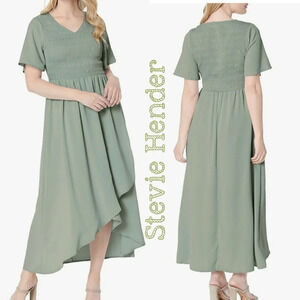Stevie Hender Womens Patel Green Hi Low Flow Chiffon Smocked Dress Sz L